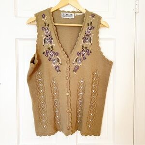 Vintage Jantzen Floral Hand Embroidered Knit Vest with Brass Buttons Womens L